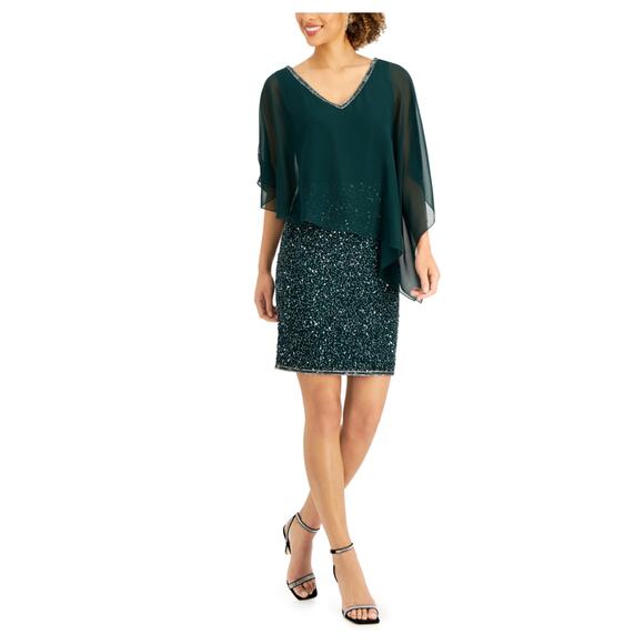 JKara Women's Cocktail Dress Size 6 Green Sequined Asymmetric Caped Mini Sheath - Picture 11 of 13